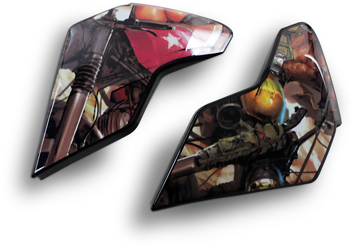 Brown ICON Airflite™ side plates for helmet parts, featuring Pleasuredome3 design, from Bill's Exhausts.