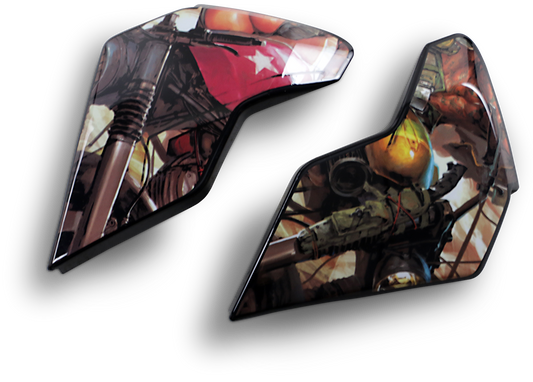 Brown ICON Airflite™ side plates for helmet parts, featuring Pleasuredome3 design, from Bill's Exhausts.