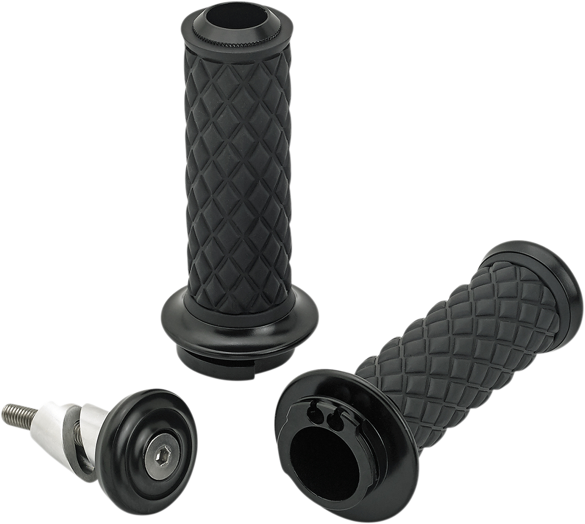 Black BilTwell Alumicore dual cable grips with textured surface for a secure hold, designed for motorcycle handlebar control.