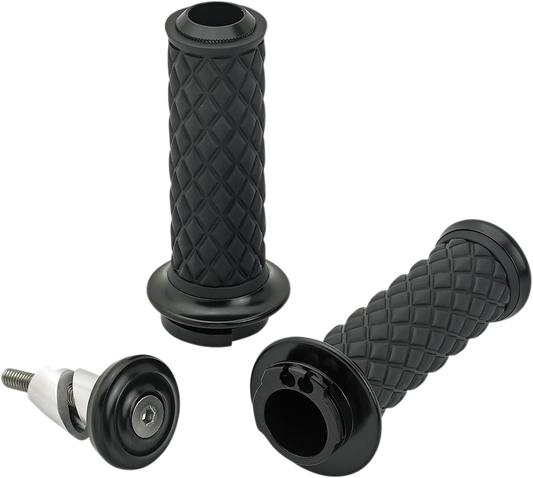 Black BilTwell Alumicore dual cable grips with textured surface for a secure hold, designed for motorcycle handlebar control.