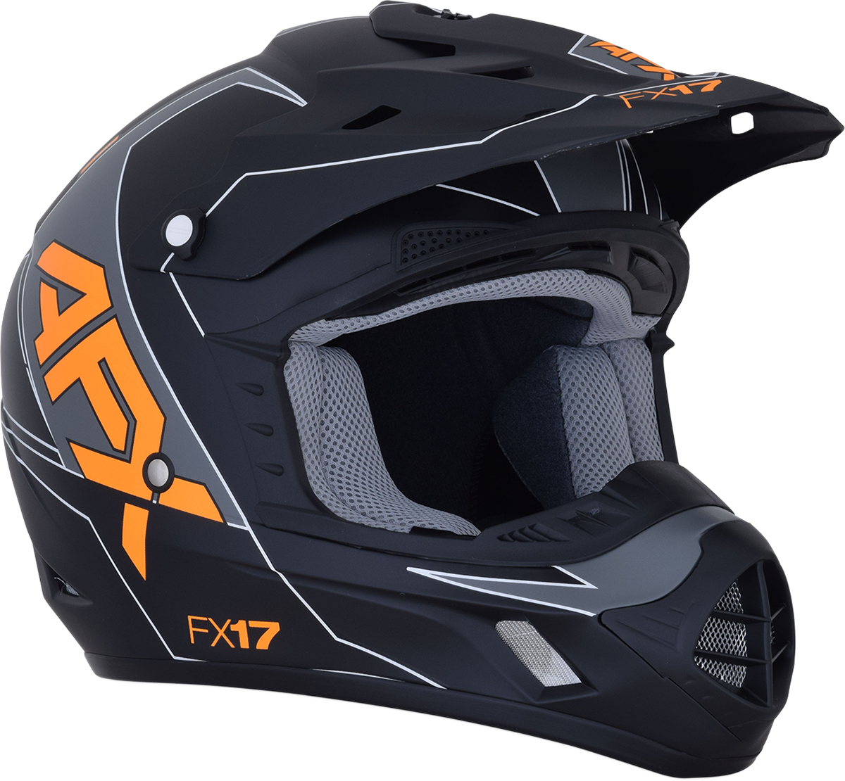 Matte black and orange AFX FX-17 Aced helmet, small size, featuring a sleek design with vents and adjustable straps.