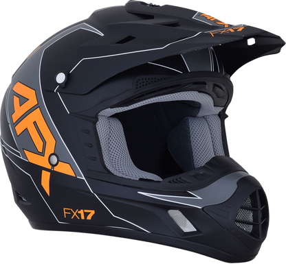 Matte black and orange AFX FX-17 Aced helmet, small size, featuring a sleek design with vents and adjustable straps.