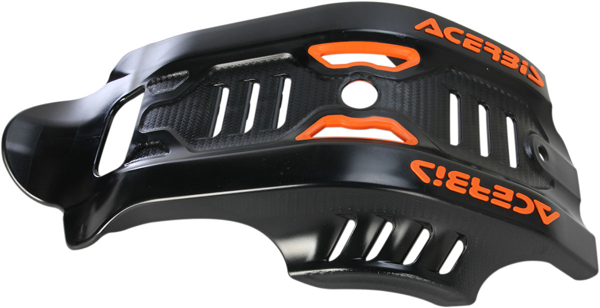 A black Acerbis skid plate for Husqvarna and KTM motorcycles, mounted on the bike's body for protection.