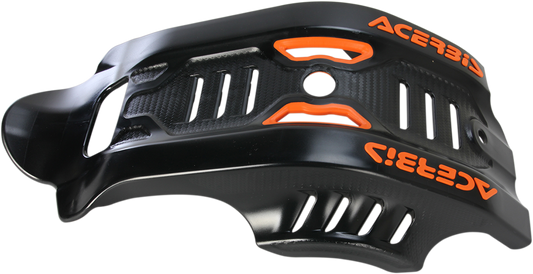 A black Acerbis skid plate for Husqvarna and KTM motorcycles, mounted on the bike's body for protection.