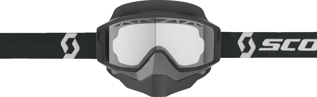 Scott Split OTG snow goggles in black and white with clear lenses, designed for winter sports and outdoor activities.