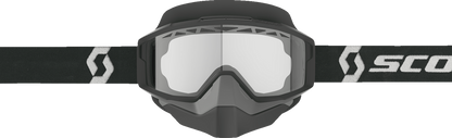 Scott Split OTG snow goggles in black and white with clear lenses, designed for winter sports and outdoor activities.