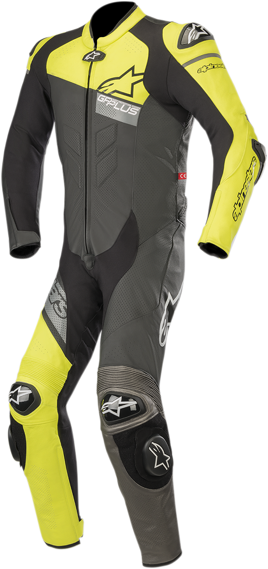 Alpinestars GP Plus Venom black and yellow fluorescent leather racing suit with gray accents, US 48 / EU 58, displayed on a mannequin.