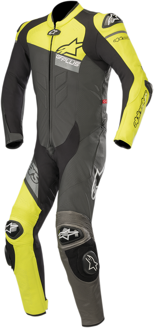 Alpinestars GP Plus Venom black and yellow fluorescent leather racing suit with gray accents, US 48 / EU 58, displayed on a mannequin.
