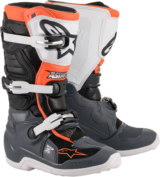 Alpinestars Tech 7S motorcycle boots in black, gray, white, and orange fluorescent, US size 6, showcasing durable design and protective features.
