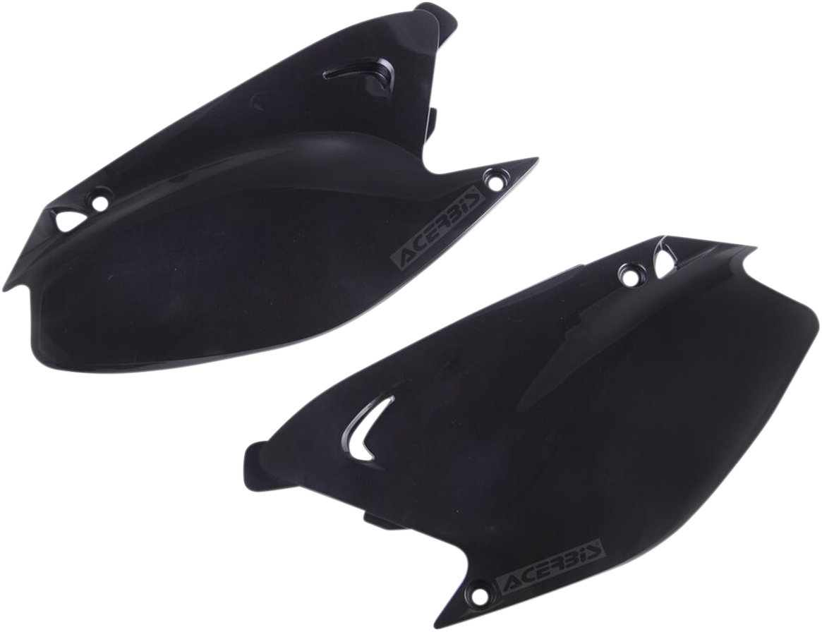 Black Acerbis side panels for motorcycle body, designed for Bill's Exhausts. Durable plastic with sleek finish.