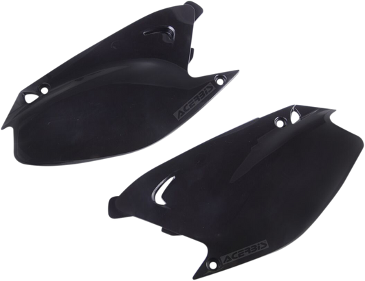 Black Acerbis side panels for motorcycle body, designed for Bill's Exhausts. Durable plastic with sleek finish.