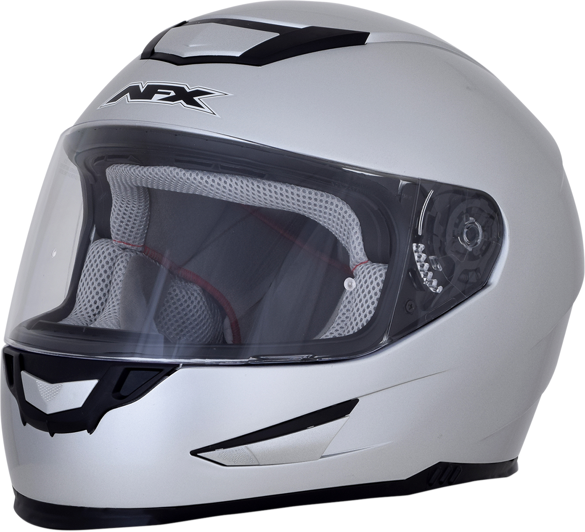 Silver AFX FX-99 motorcycle helmet in large size with a sleek design, featuring a smooth finish and secure chin strap.