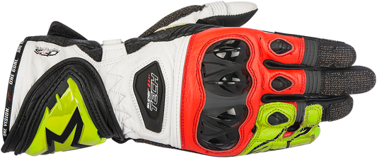 Alpinestars Supertech motorcycle gloves in black, fluo yellow, and red, size 3XL, featuring protective armor and breathable material.