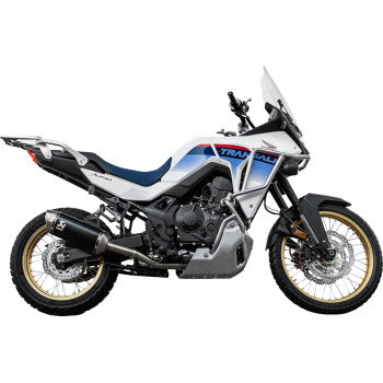 Stainless steel Akrapovic header pipe for Honda XL 750 Transalp 2025 motorcycle, installed on the bike's engine area.