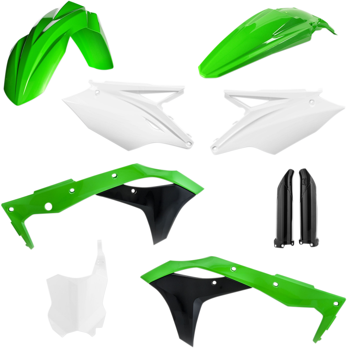Acerbis full replacement body kit in OEM green, white, and black for motorcycle, featuring front and side body panels.
