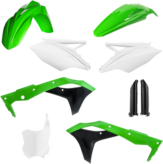 Acerbis full replacement body kit in OEM green, white, and black for motorcycle, featuring front and side body panels.
