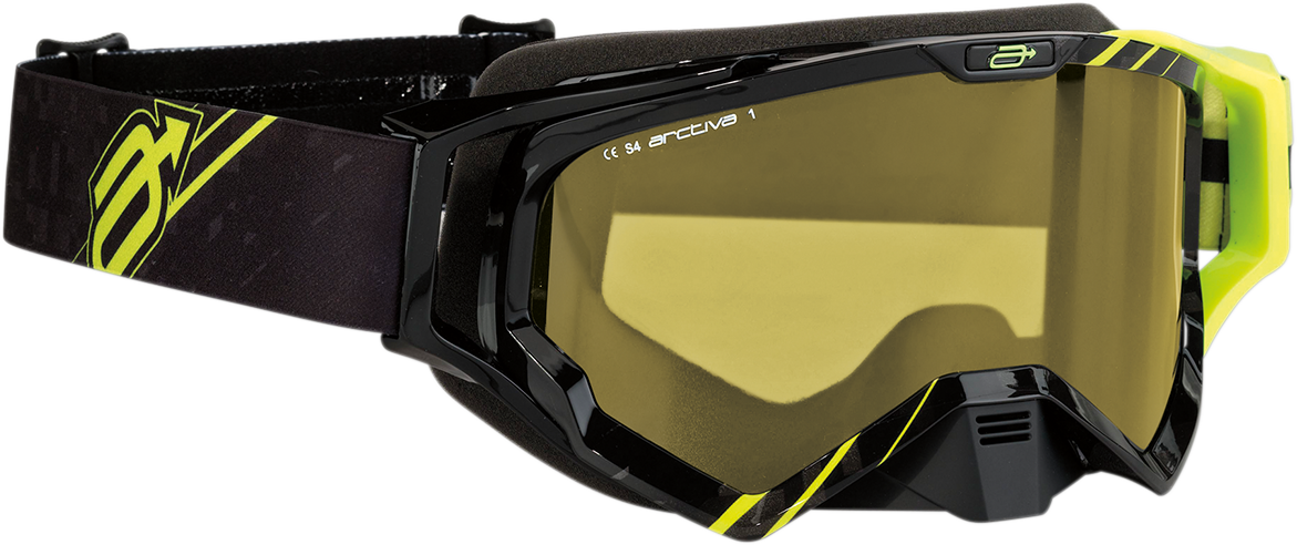Bill's Exhausts ARCTIVA Vibe Snow Goggles in black with hi-viz yellow lenses, designed for winter sports and skiing.