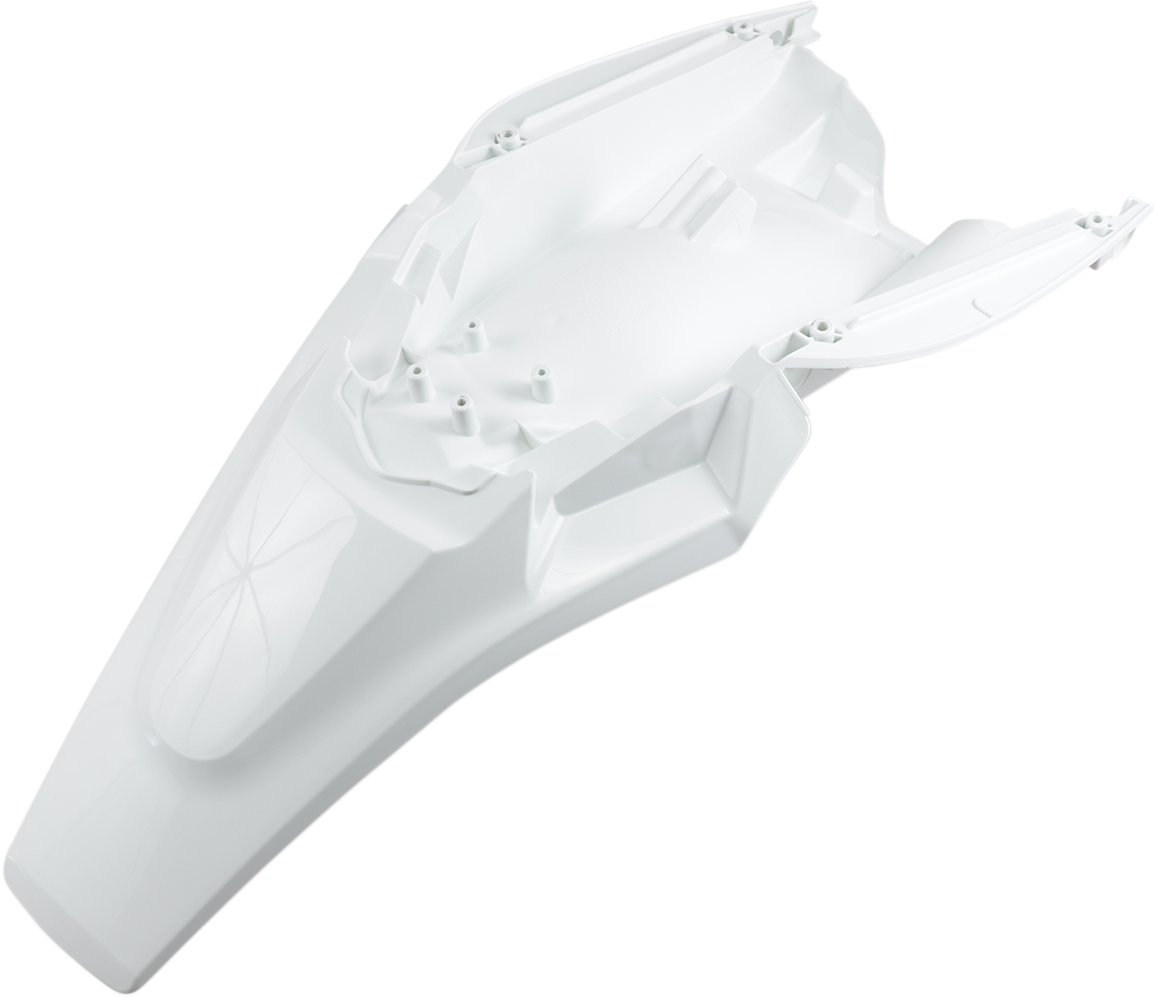 A white Acerbis rear fender for motorcycle, showcasing its sleek body design and mounting points, branded by Bill's Exhausts.
