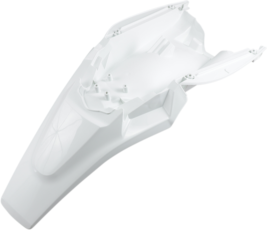 A white Acerbis rear fender for motorcycle, showcasing its sleek body design and mounting points, branded by Bill's Exhausts.