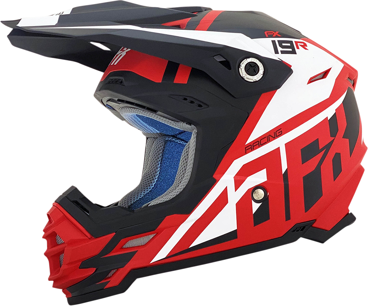 Matte red AFX FX-19R racing helmet in medium size, featuring aerodynamic design and clear visor for motorcycle racing.