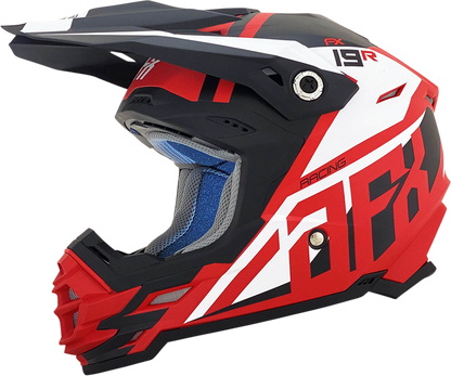 Matte red AFX FX-19R racing helmet in medium size, featuring aerodynamic design and clear visor for motorcycle racing.
