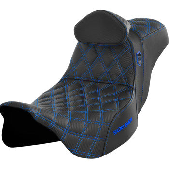 Saddlemens Pro Series SDC performance motorcycle seat with backrest, blue stitching, designed for FLH/FLT models 2008-2023