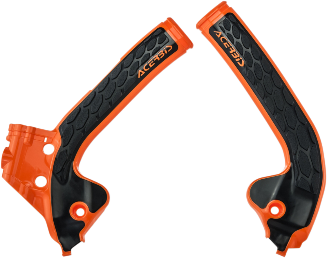 Acerbis X-Grip frame guards in orange and black for motocross bikes, designed to protect the bike's body and frame.