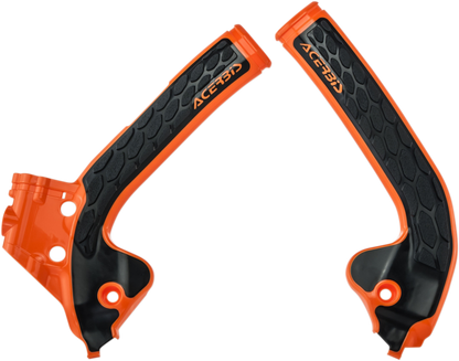 Acerbis X-Grip frame guards in orange and black for motocross bikes, designed to protect the bike's body and frame.