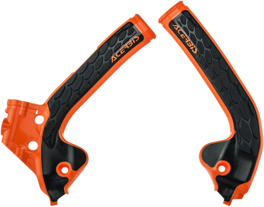 Acerbis X-Grip frame guards in orange and black for motocross bikes, designed to protect the bike's body and frame.
