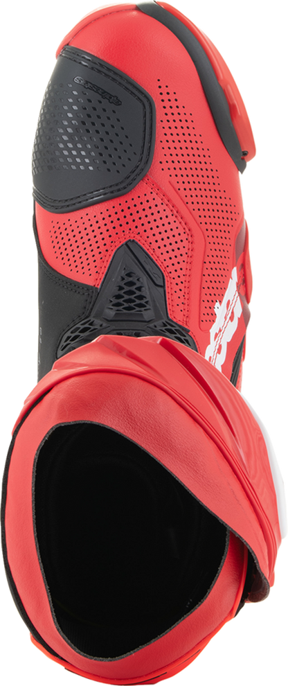 Alpinestars Supertech R Vented motorcycle racing boots in red, US 11.5, EU 46, showing the sporty design and ventilation features.