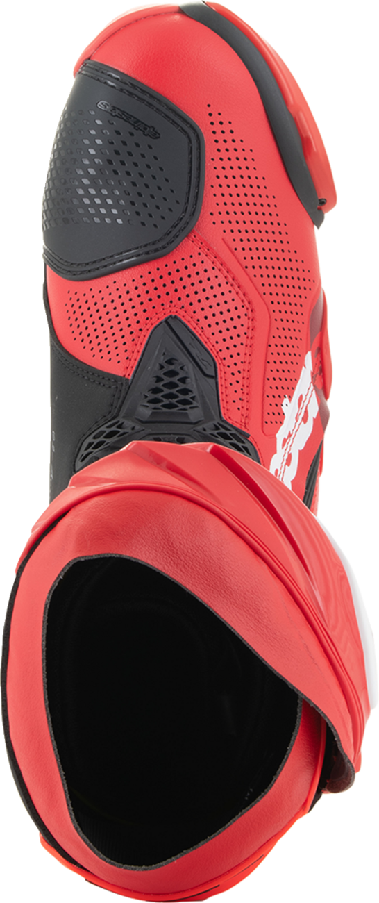 Alpinestars Supertech R Vented motorcycle boots in red with black accents, US 10.5 / EU 45, showing the front and side view.