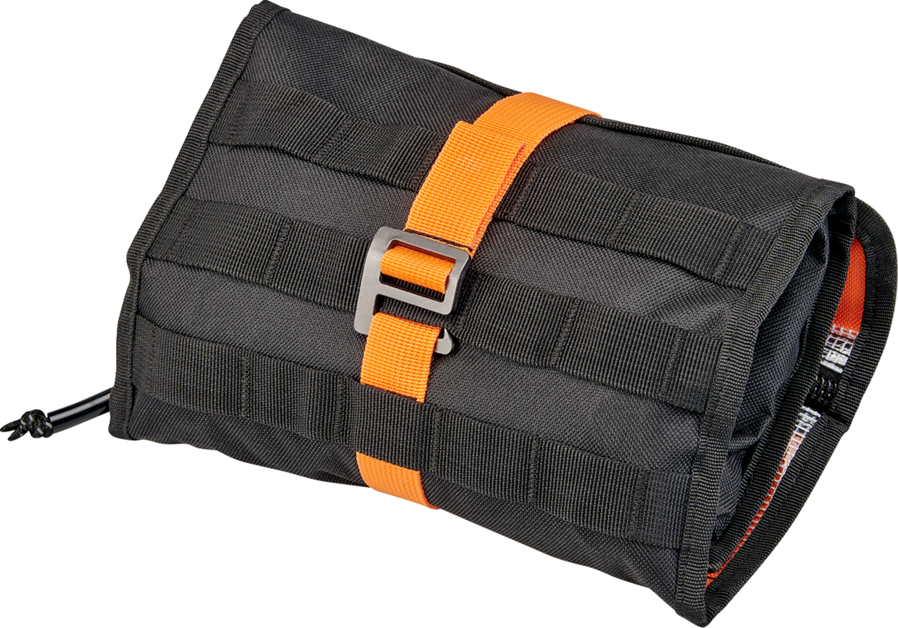 Black Biltwell Exfil-0 2.0 tool roll with multiple pockets and straps, designed for motorcycle tools and accessories.