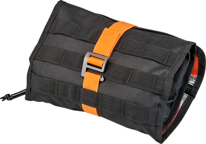 Black Biltwell Exfil-0 2.0 tool roll with multiple pockets and straps, designed for motorcycle tools and accessories.