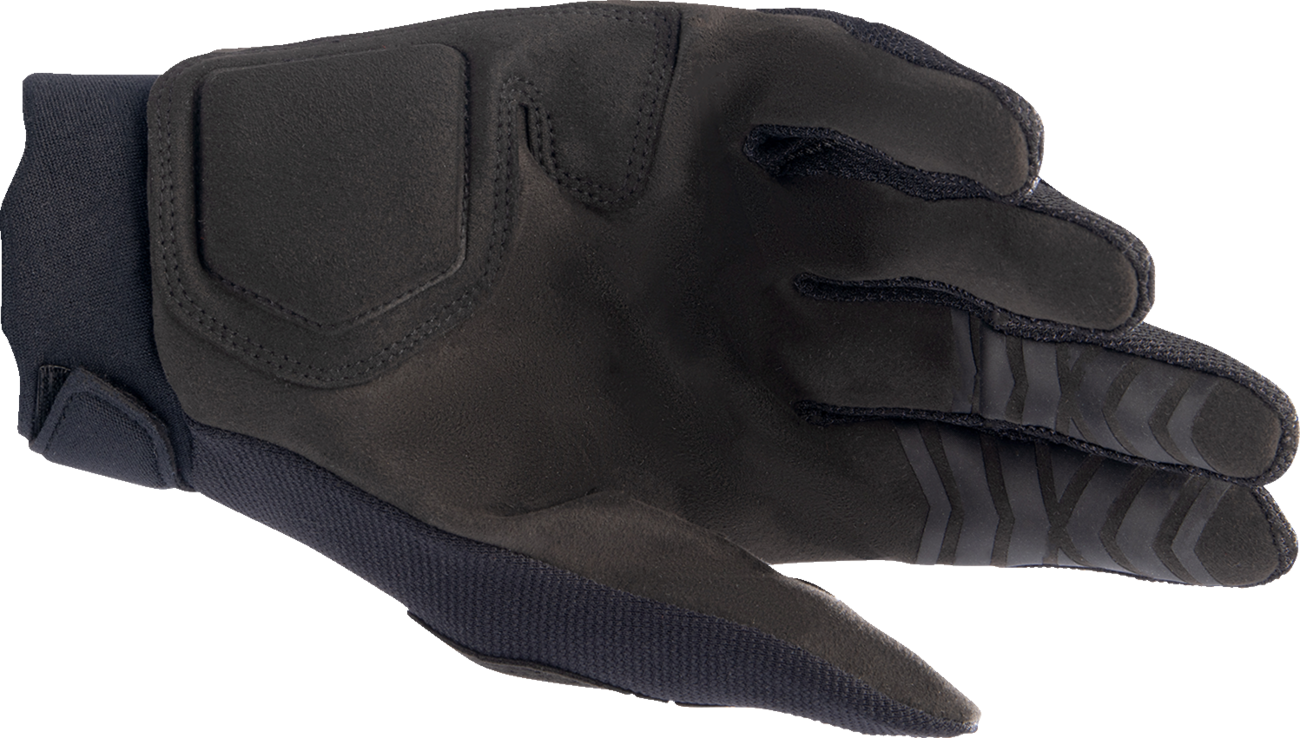 Alpinestars Full Bore XT black motorcycle gloves in 2XL size, featuring protective knuckles and adjustable wrist straps.