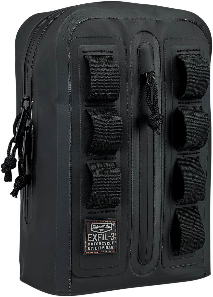 Bill's Exhausts BILTWell handlebar bag 3008-01 mounted on a motorcycle handlebar, showing durable fabric and secure straps.