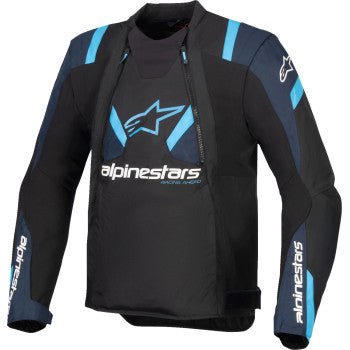 Alpinestars T-Stunt Air Jacket in black, dark blue, and blithe blue, size XL, featuring lightweight motorcycle jacket design.