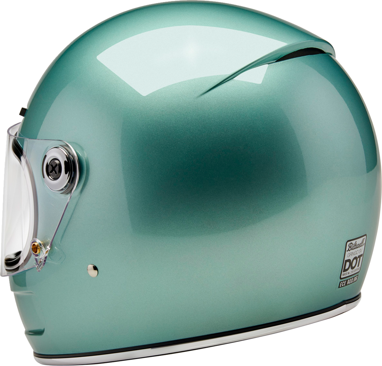 BILTWELL Gringo SV helmet in metallic seafoam, medium size, with a sleek design and matte finish, featuring adjustable strap and ventilation.