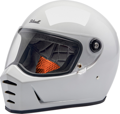 Bill's Exhausts BILTWell Lane Splitter helmet in gloss white, medium size, with sleek motorcycle helmet design and secure strap closure.