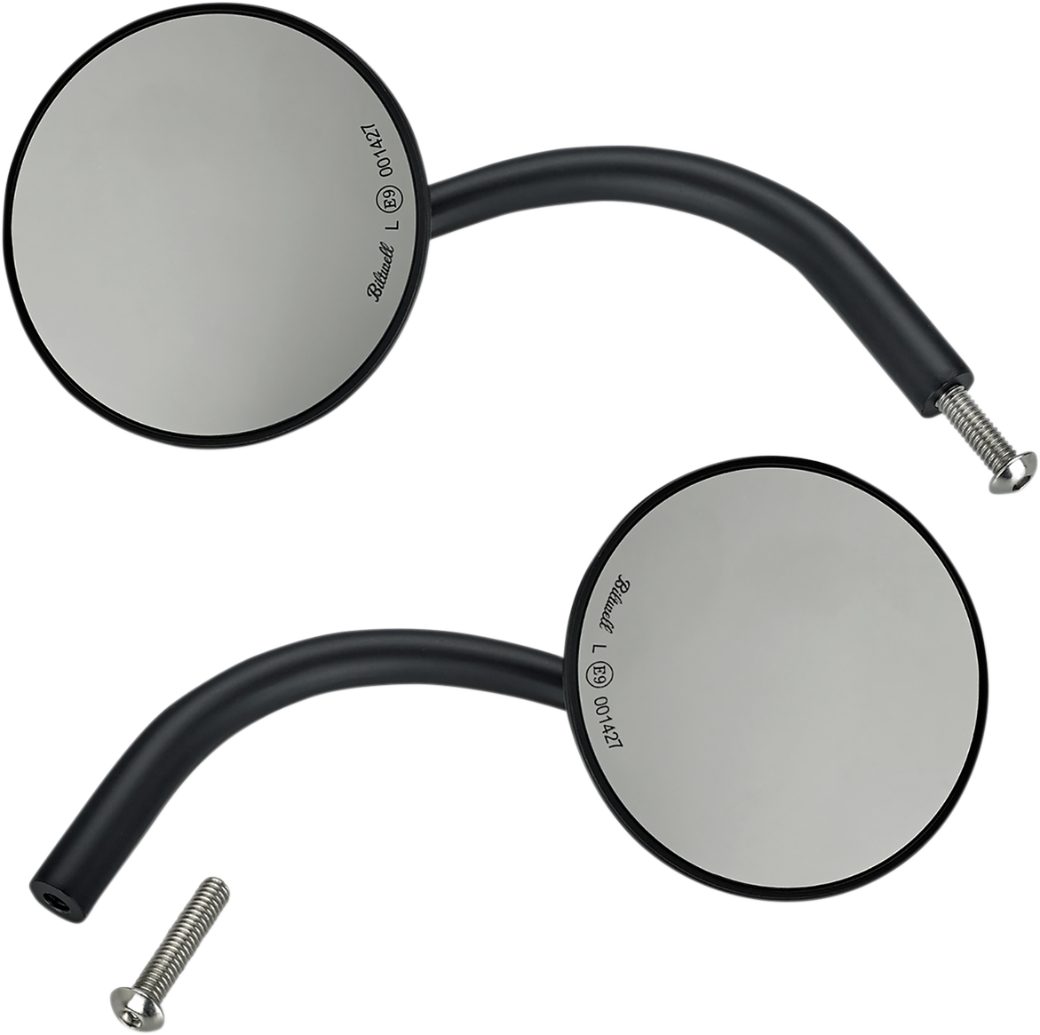 Round black BILTWELL mirror with metal frame, mounted on a vehicle handlebar, showcasing its sleek, minimalist design.