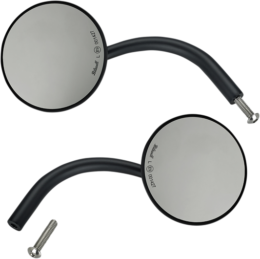 Round black BILTWELL mirror with metal frame, mounted on a vehicle handlebar, showcasing its sleek, minimalist design.