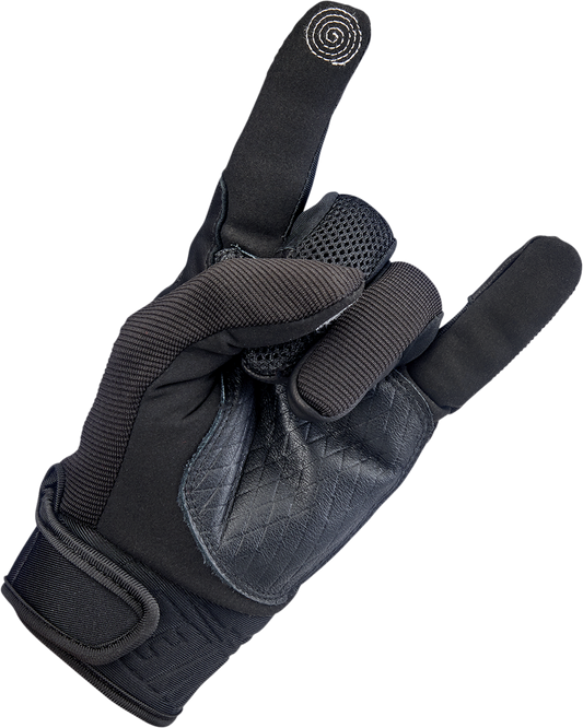 Black BILTWELL Baja Gloves in small size, designed by Bill's Exhausts, with durable leather and protective features for motorcycle riding.