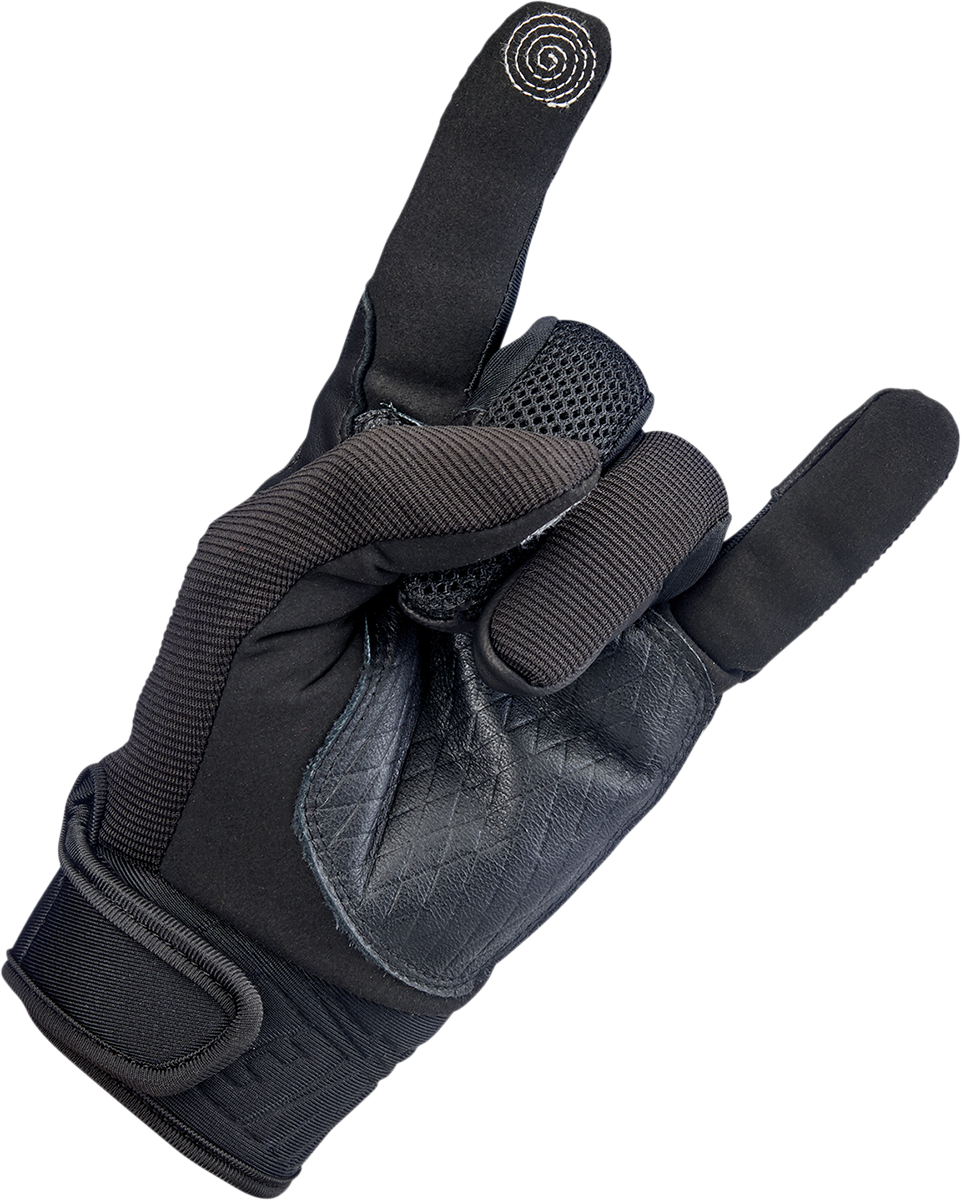 Black Biltwell Baja Gloves in large size, made by Bill's Exhausts, featuring durable leather and secure wrist closures.