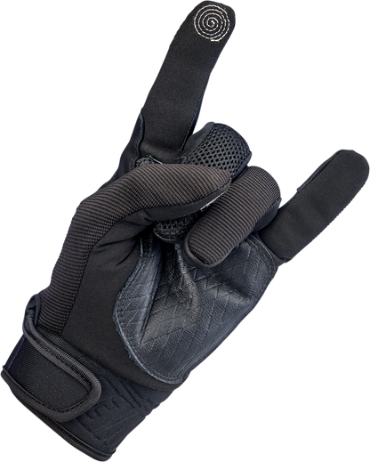 Black Biltwell Baja Gloves in large size, made by Bill's Exhausts, featuring durable leather and secure wrist closures.