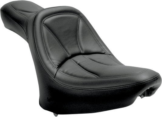 SADDLEMEN King Seat for Softail motorcycles, featuring plush padding and sleek design, compatible with Bill's Exhausts accessories.
