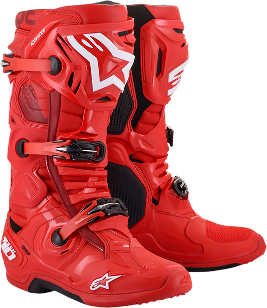 Alpinestars Tech 10 motorcycle boots in red with black accents, US 11 size, showcasing protective design and durable construction.