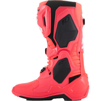 Alpinestars Tech 10 motocross boots in Diva Pink and White, US size 10, showing protective design and sturdy construction.