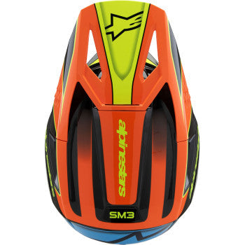 Youth ALPINESTARS SM3 helmet in gloss black, orange, and yellow fluo with large size, featuring aerodynamic vents and a secure strap.