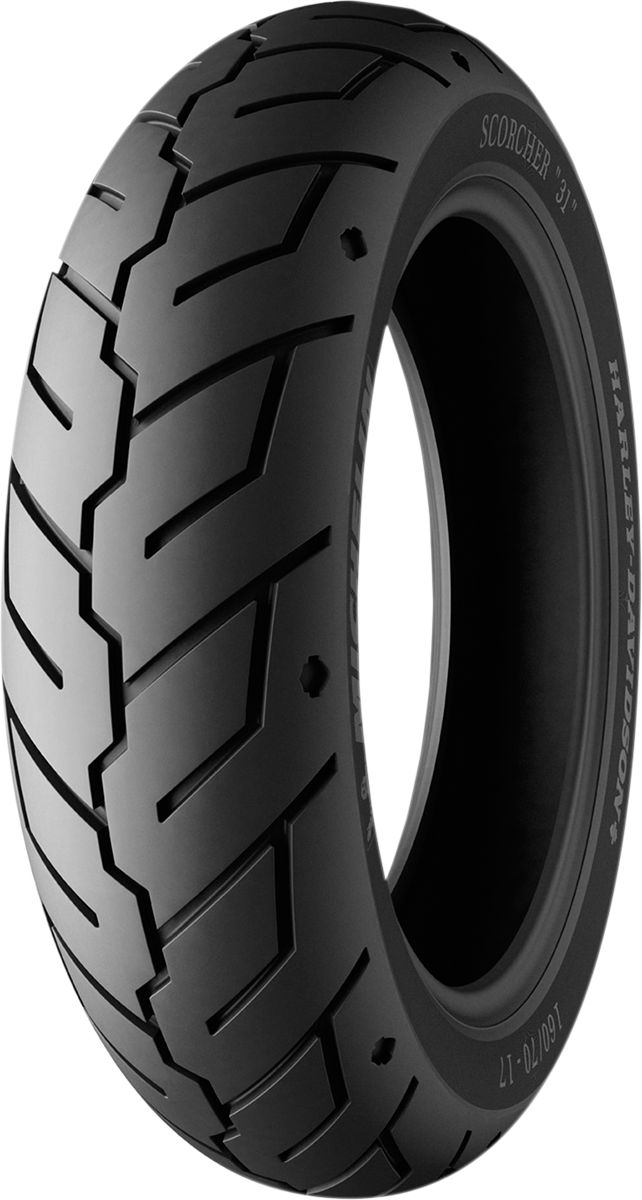 Rear MICHELIN Scorcher 31 tire with 150/80B16 size and 77H load index, designed for motorcycle use.