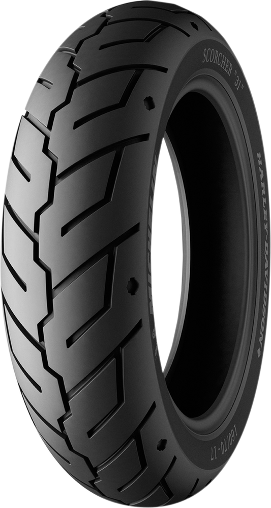 Michelin Scorcher 31 rear motorcycle tire, 160/70B17 size, 73V load rating, mounted on wheel with tread pattern visible.