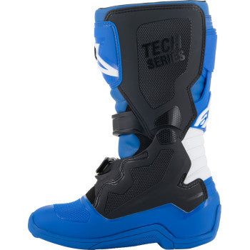 Youth ALPINESTARS Tech 7S motorcycle boots in blue, black, and white, designed for kids, featuring protective construction.